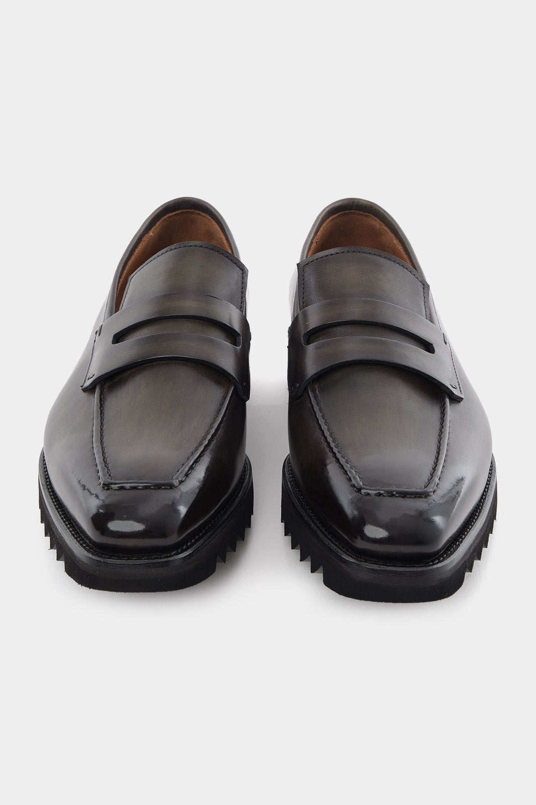 Patinated leather loafers with lugged sole - Khaki