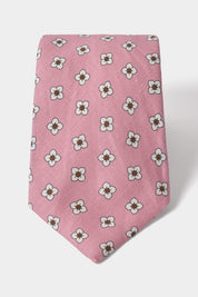 Silk and linen tie – Pink with white and brown floral pattern