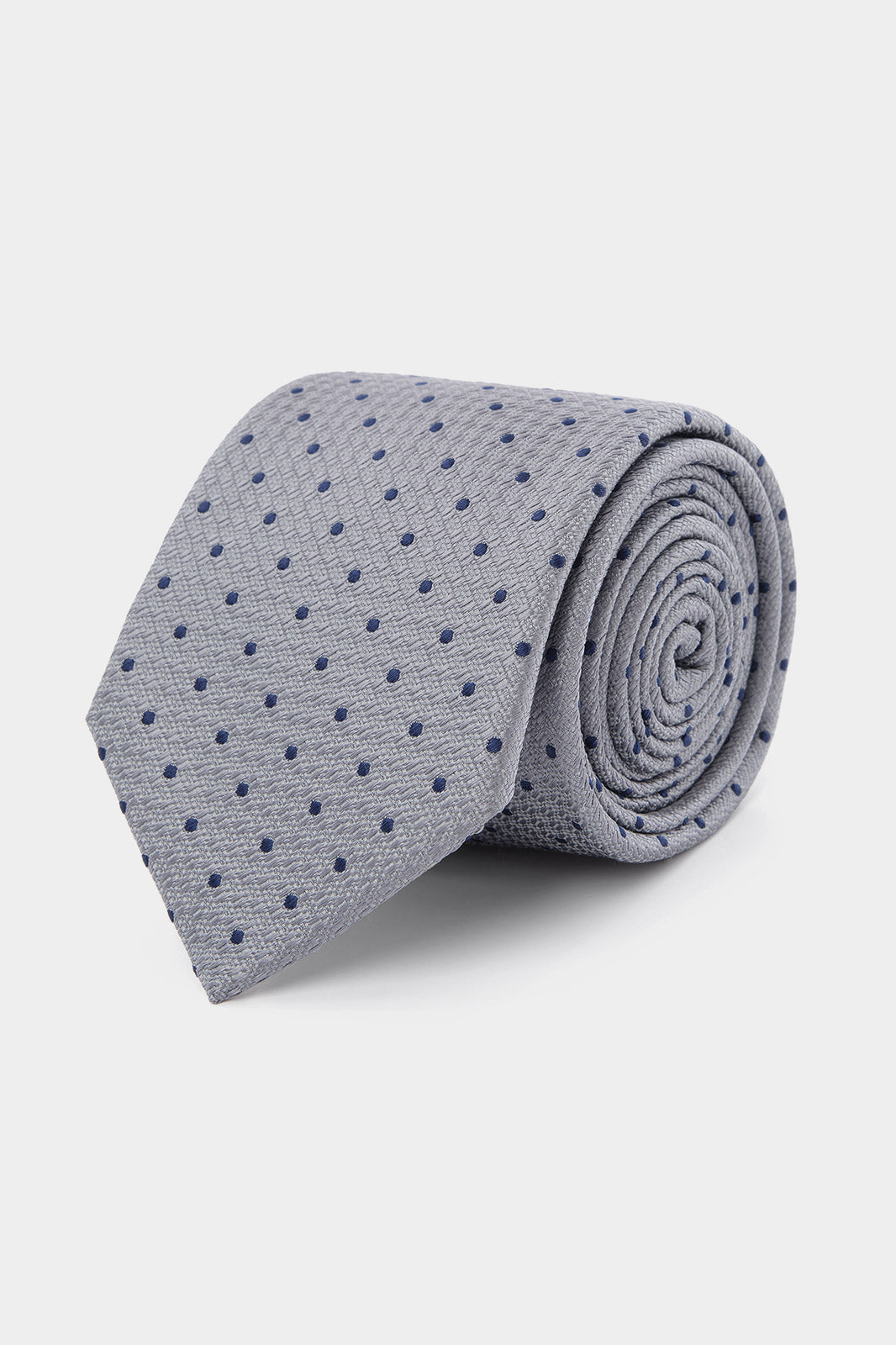 100% Silk Tie - Light Grey Textured with Navy Blue Polka Dots