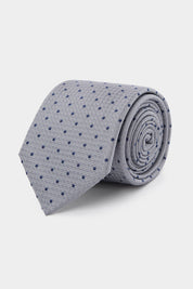 100% Silk Tie - Light Grey Textured with Navy Blue Polka Dots