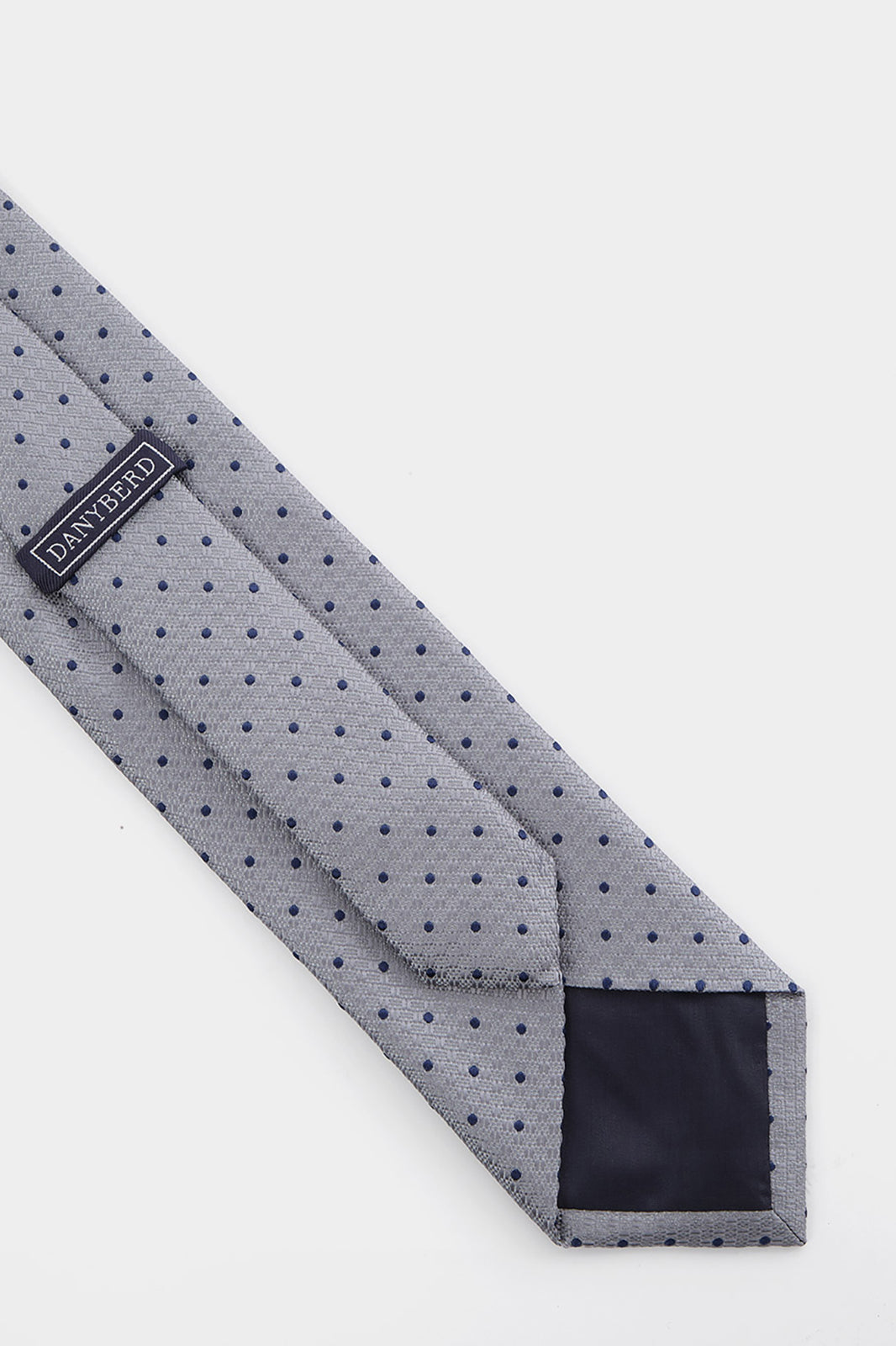 100% Silk Tie - Light Grey Textured with Navy Blue Polka Dots