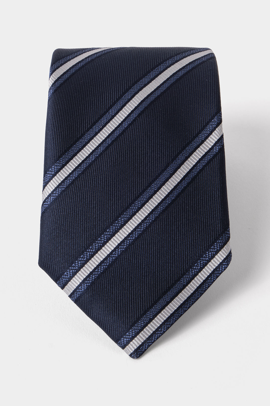 Silk and linen tie – Navy background with white stripes