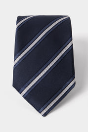 Silk and linen tie – Navy background with white stripes