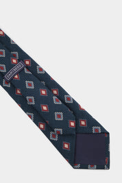 100% silk tie - Navy blue with burgundy and ecru Aztec patterns