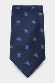 100% silk tie - Navy with blue flower pattern