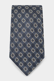 100% silk tie - Grey with beige flower and blue polka dot pattern
