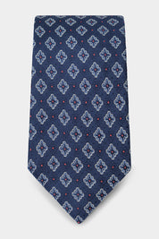 100% silk tie - Navy with blue flower and red polka dot pattern