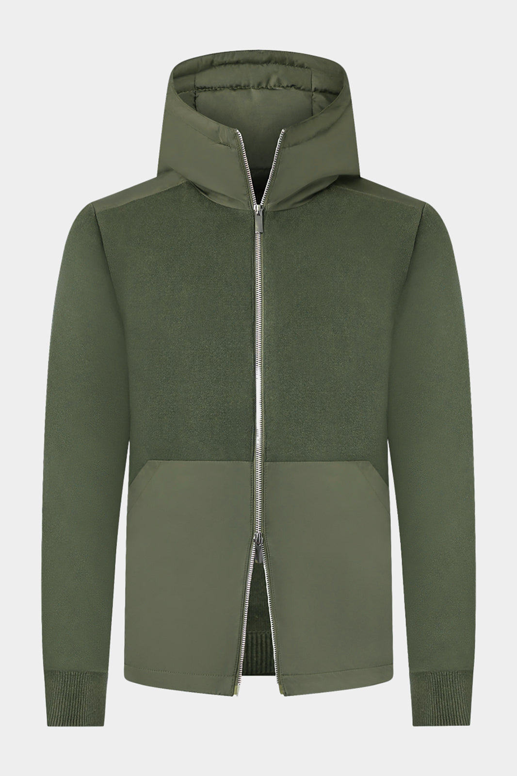 Gilet kaki double zip homme avec capuche non amovible en bi-matiere