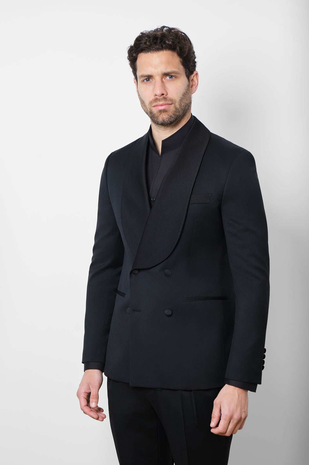 Shawl Lapel Double Breasted Tuxedo with Piped Pockets - Black