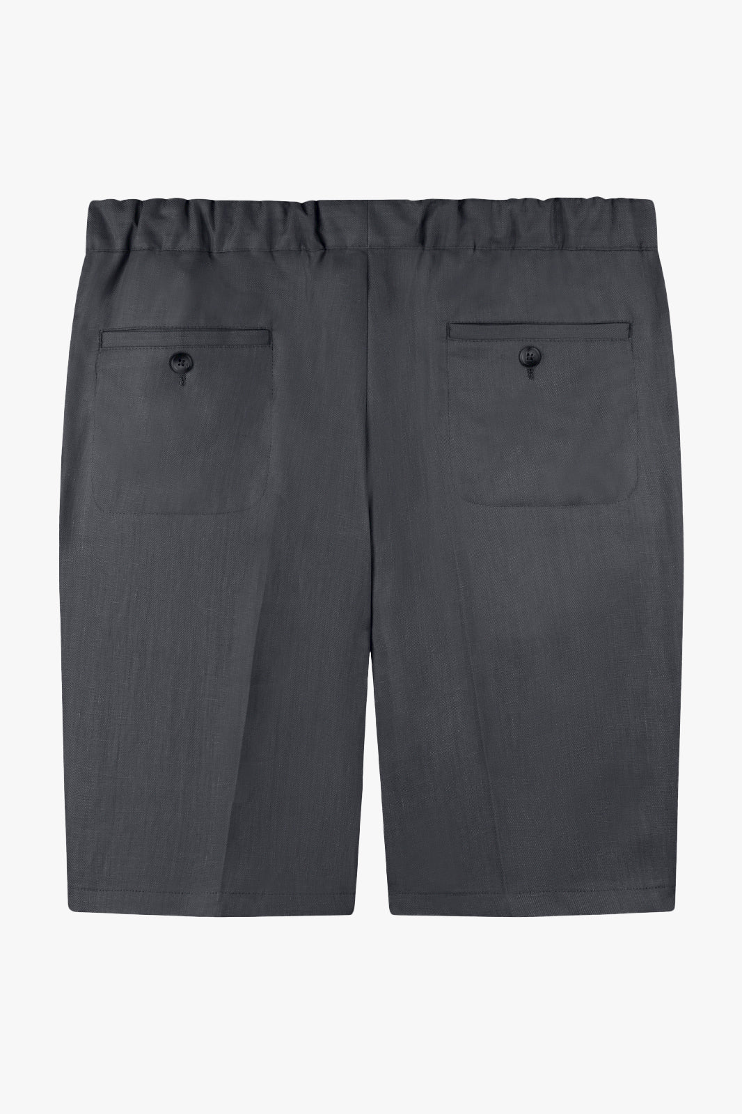 Vue de dos d'un bermuda gris anthracite en lin. Le bermuda dispose d’une ceinture élastique et de poches à l'arrière.