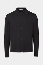 Vue sur fond blanc d'un pull polo chemise en 100% laine d'Italie en Noir.