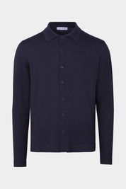 Vue sur fond blanc d'un pull polo chemise en 100% laine en Marine.