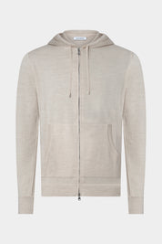 Vue sur fond blanc gilet noir zippé à capuche en 100% laine