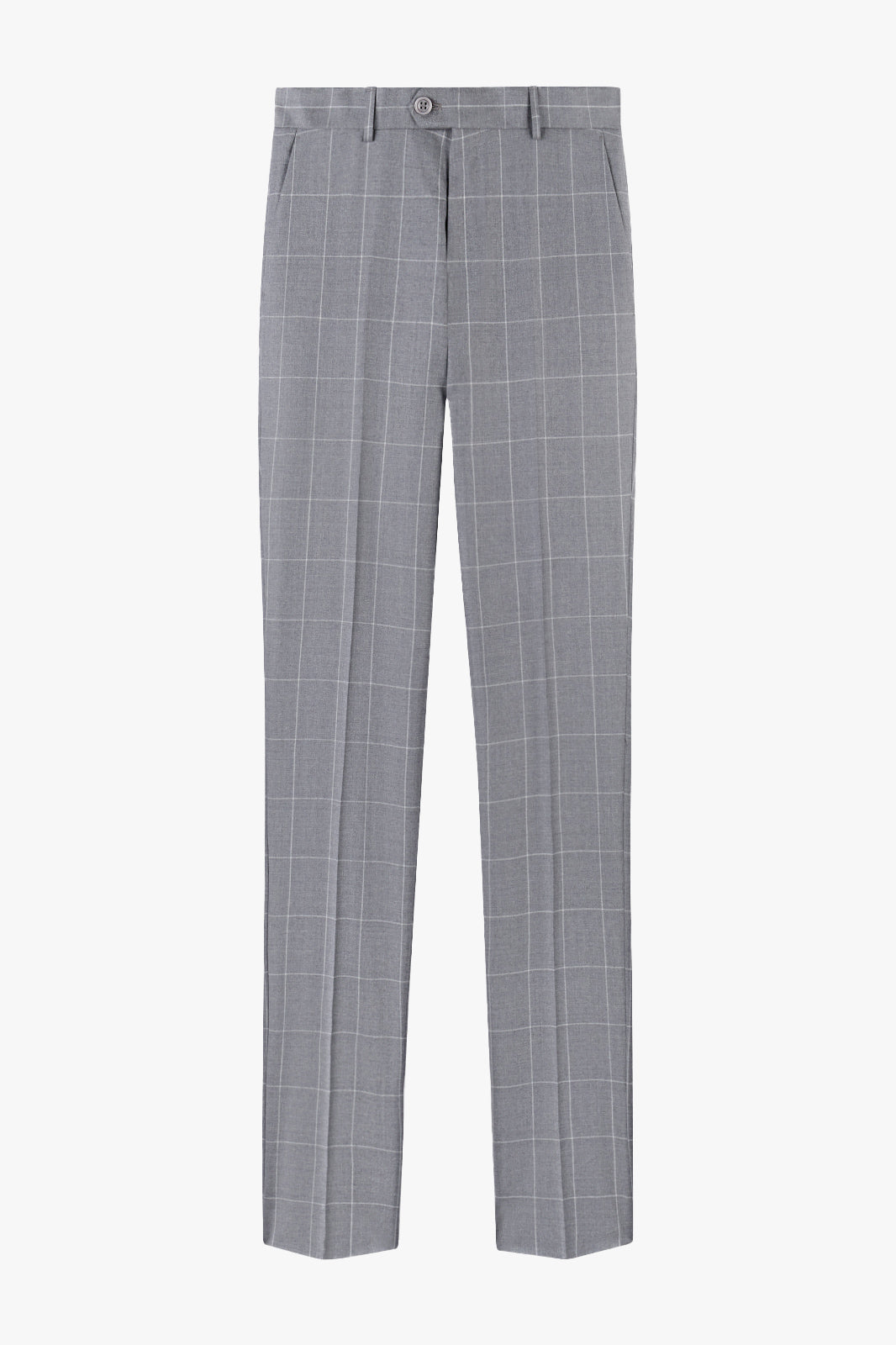 Pantalon de costume gris à carreaux avec une coupe droite traditionnelle.