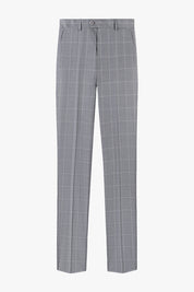 Pantalon de costume gris à carreaux avec une coupe droite traditionnelle.