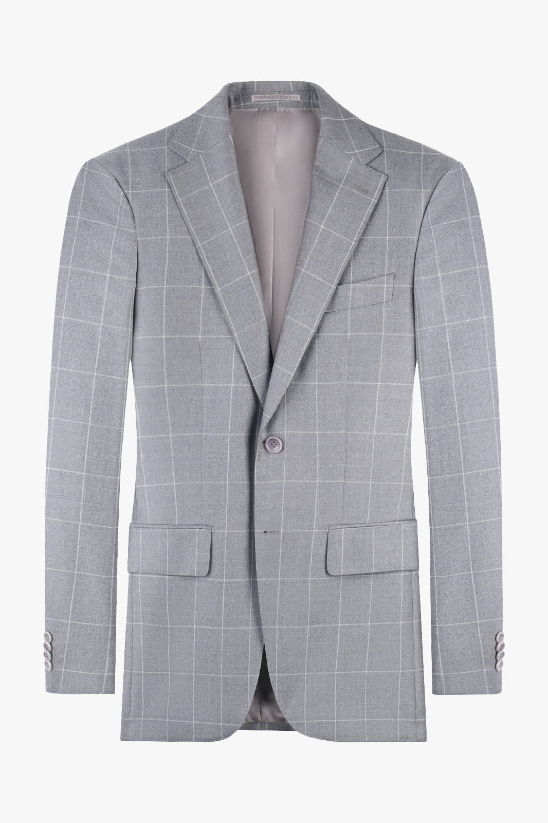 Une veste de costume grise à carreaux cintrée avec des revers fins et  avec 2 poches à rabat.