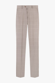 Pantalon de costume beige à carreaux avec une coupe droite traditionnelle.