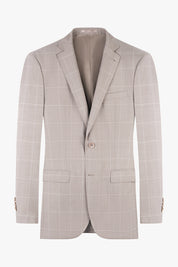 Une veste de costume beige à carreaux cintrée avec des revers fins et  avec 2 poches à rabat.