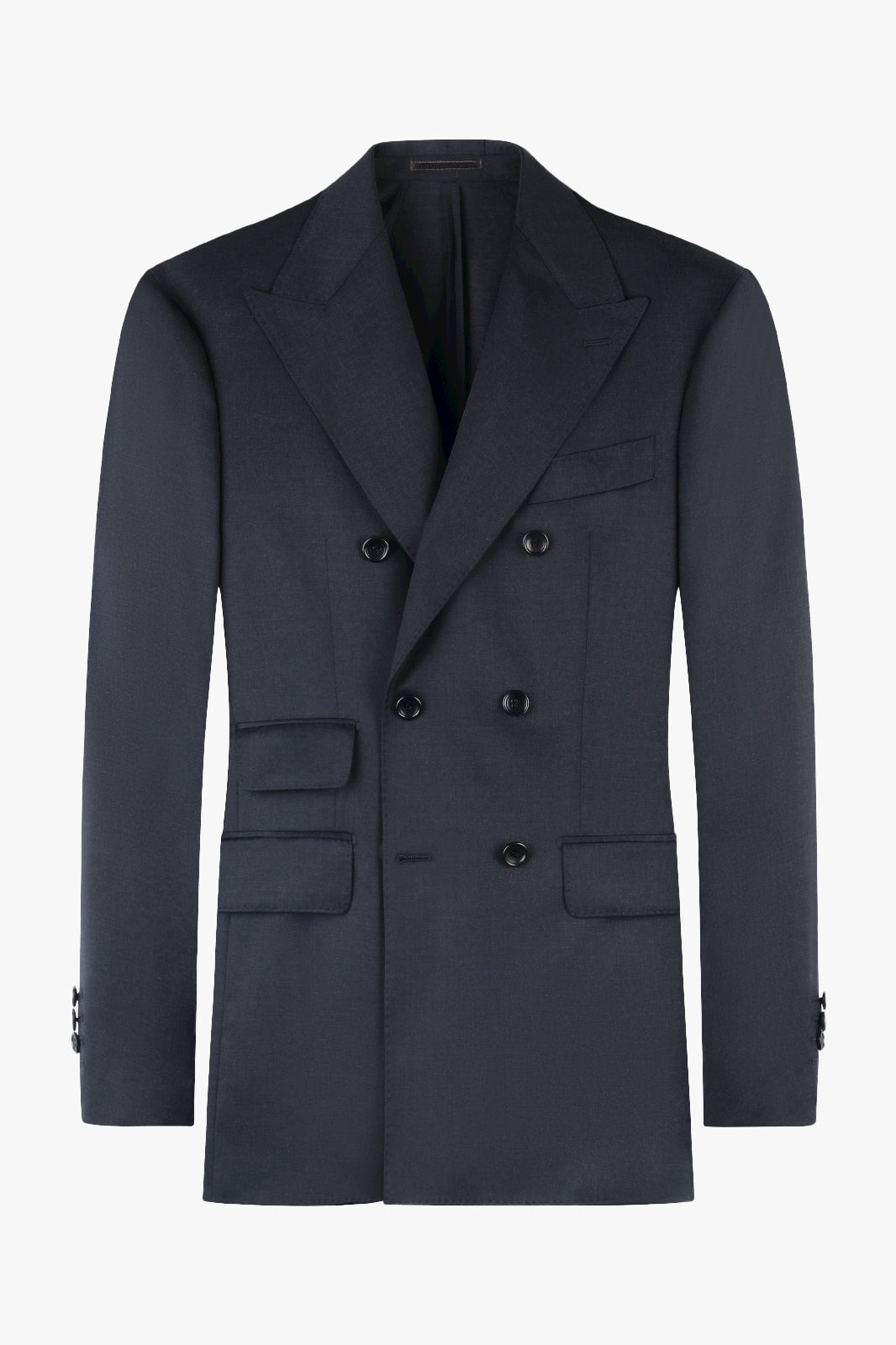 Veste de costume croisée gris anthracite avec six boutons, de larges revers en pointe et plusieurs poches à rabat sur le devant.