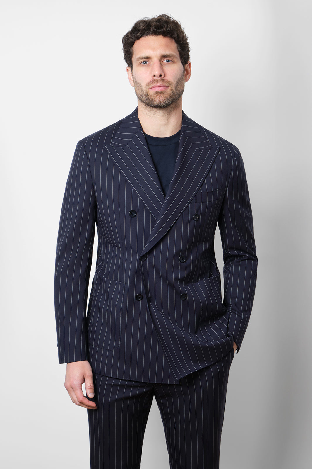 Double-breasted suit with patch pocket - Blue striped