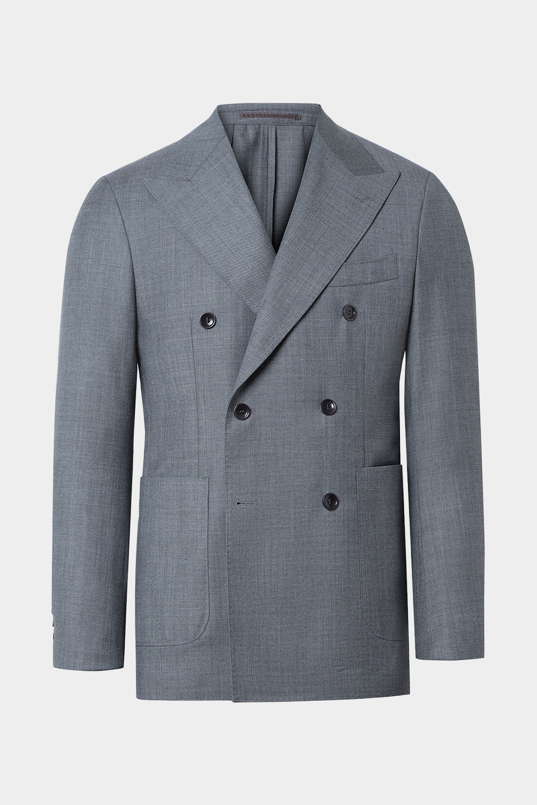 Vue sur fond blanc d'un costume croisé revers flèche non doublé et poche plaquée en 100% laine gris moyen de chez Vitale Barberis Canonico.