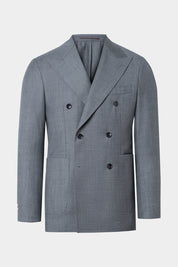 Vue sur fond blanc d'un costume croisé revers flèche non doublé et poche plaquée en 100% laine gris moyen de chez Vitale Barberis Canonico.