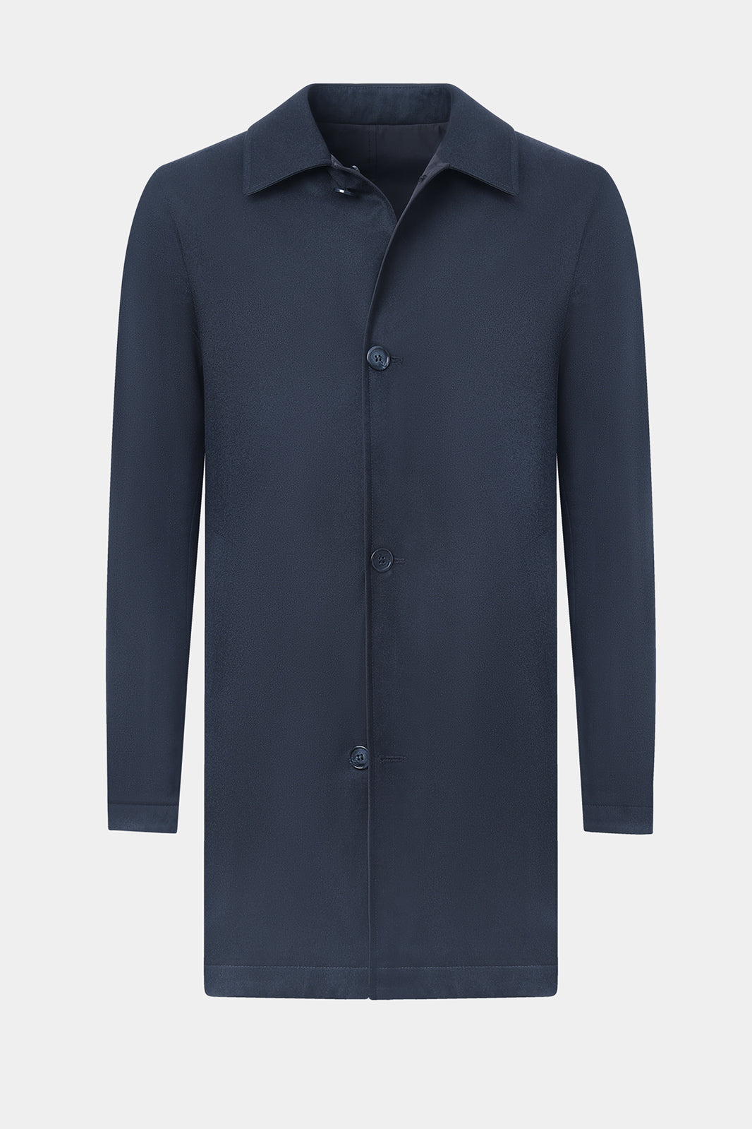 Vue sur fond blanc d'un imperméable réversible en laine et matière technique.