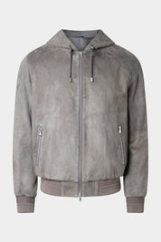 Hooded zipped leather jacket - Anthracite