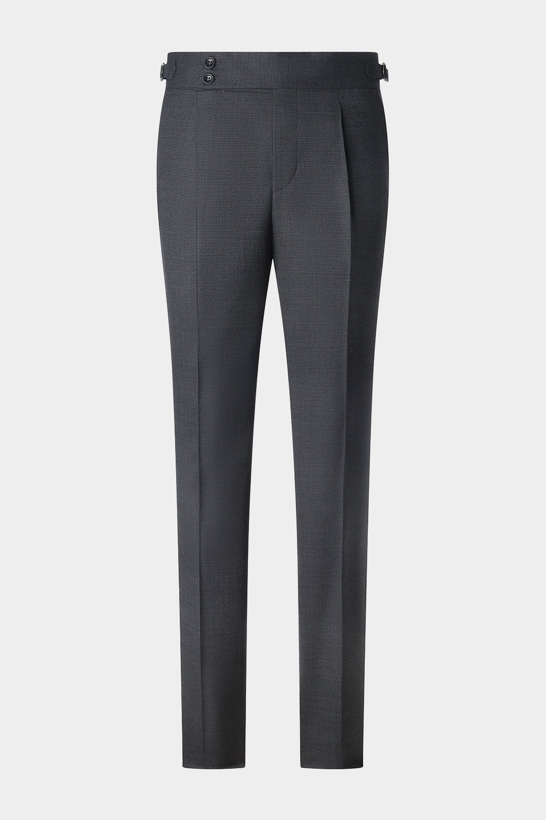 Vue sur fond blanc d'un pantalon semi-taille haute avec 1 pli sur le devant, double boutonnage et patte de serrage en 98% laine