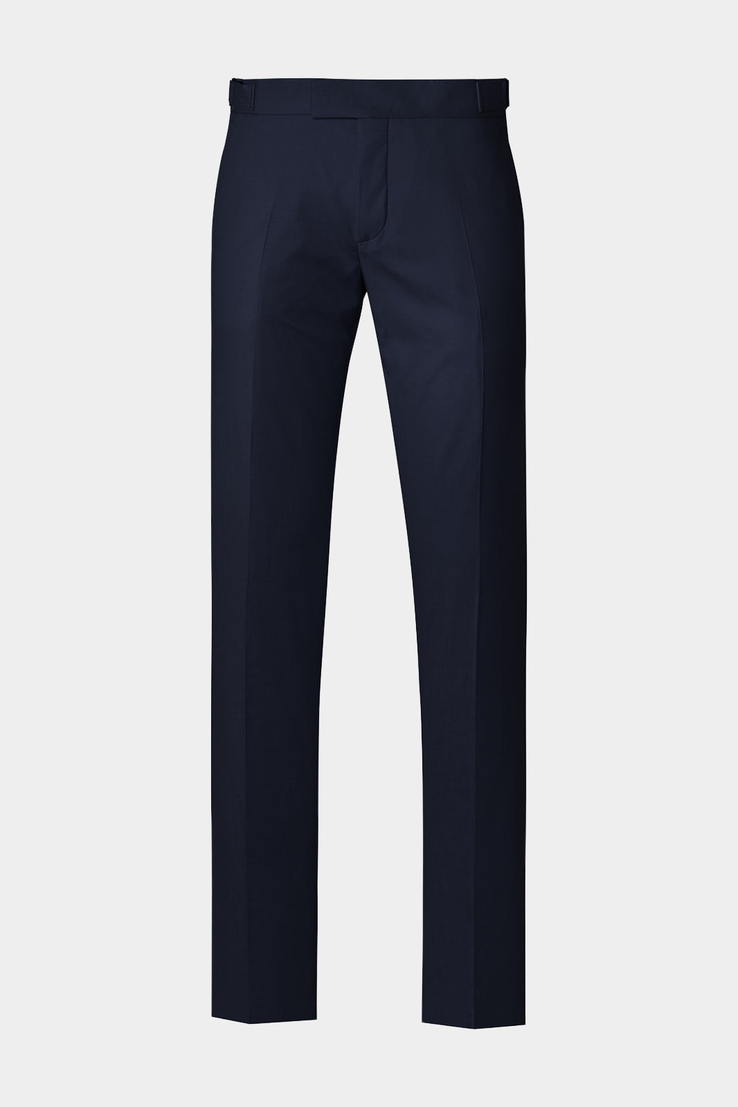 Vue sur fond blanc d'un pantalon à patte de serrage en coton marine.