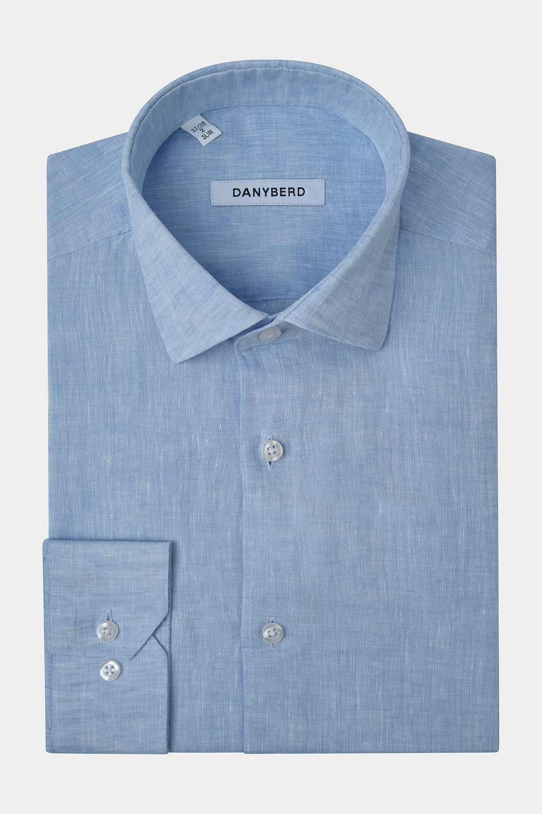 Vue sur fond blanc d'une chemise en lin col français en bleu chiné