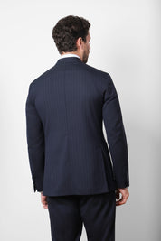 Double-breasted suit with patch pocket - Blue with fine stripe