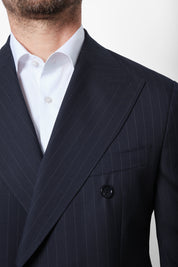 Double-breasted suit with patch pocket - Blue with fine stripe