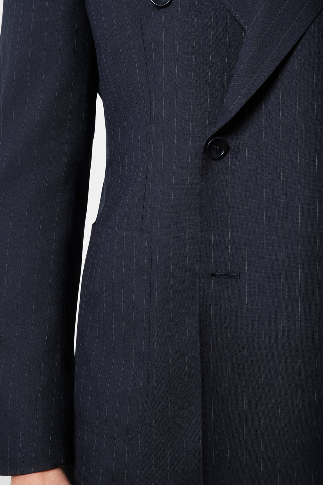 Double-breasted suit with patch pocket - Blue with fine stripe