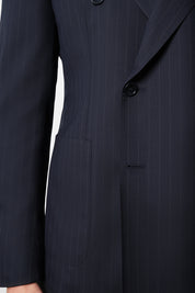 Double-breasted suit with patch pocket - Blue with fine stripe