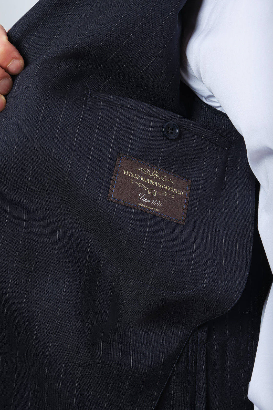 Double-breasted suit with patch pocket - Blue with fine stripe