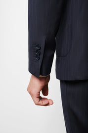 Double-breasted suit with patch pocket - Blue with fine stripe