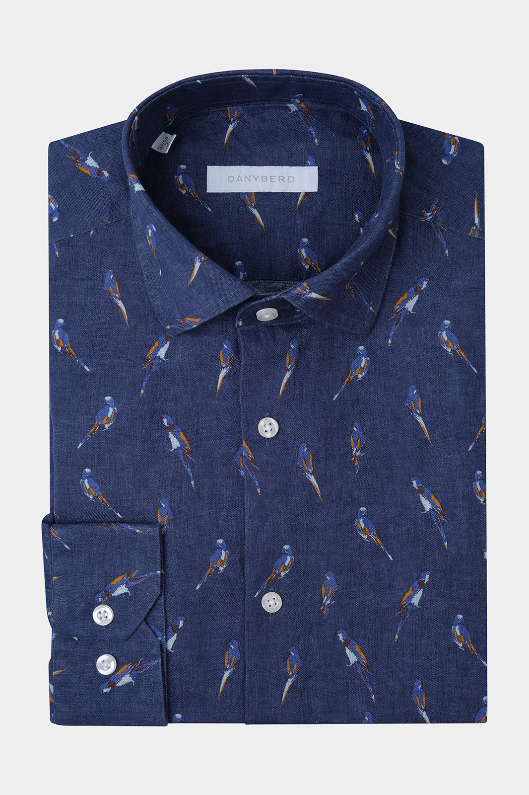 Linen shirt with French collar - Navy with parrot pattern