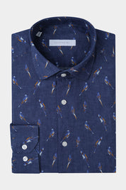 Linen shirt with French collar - Navy with parrot pattern