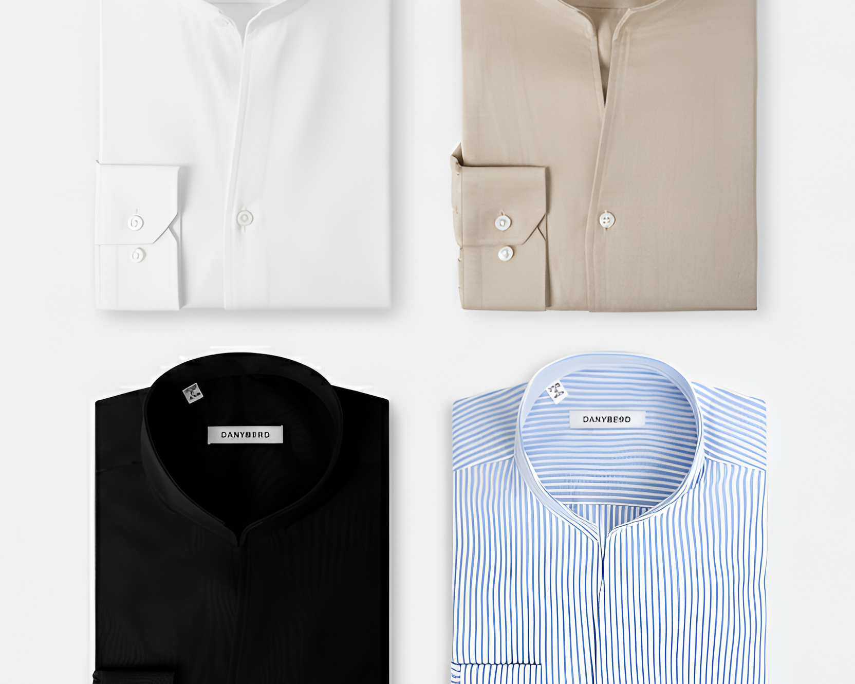 Vue sur fond blanc de 4 chemises col indien.