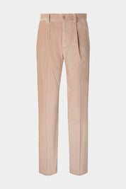 Vue sur fond blanc d'un pantalon velours côtelé large en beige 
Tissu de chez Pontoglio