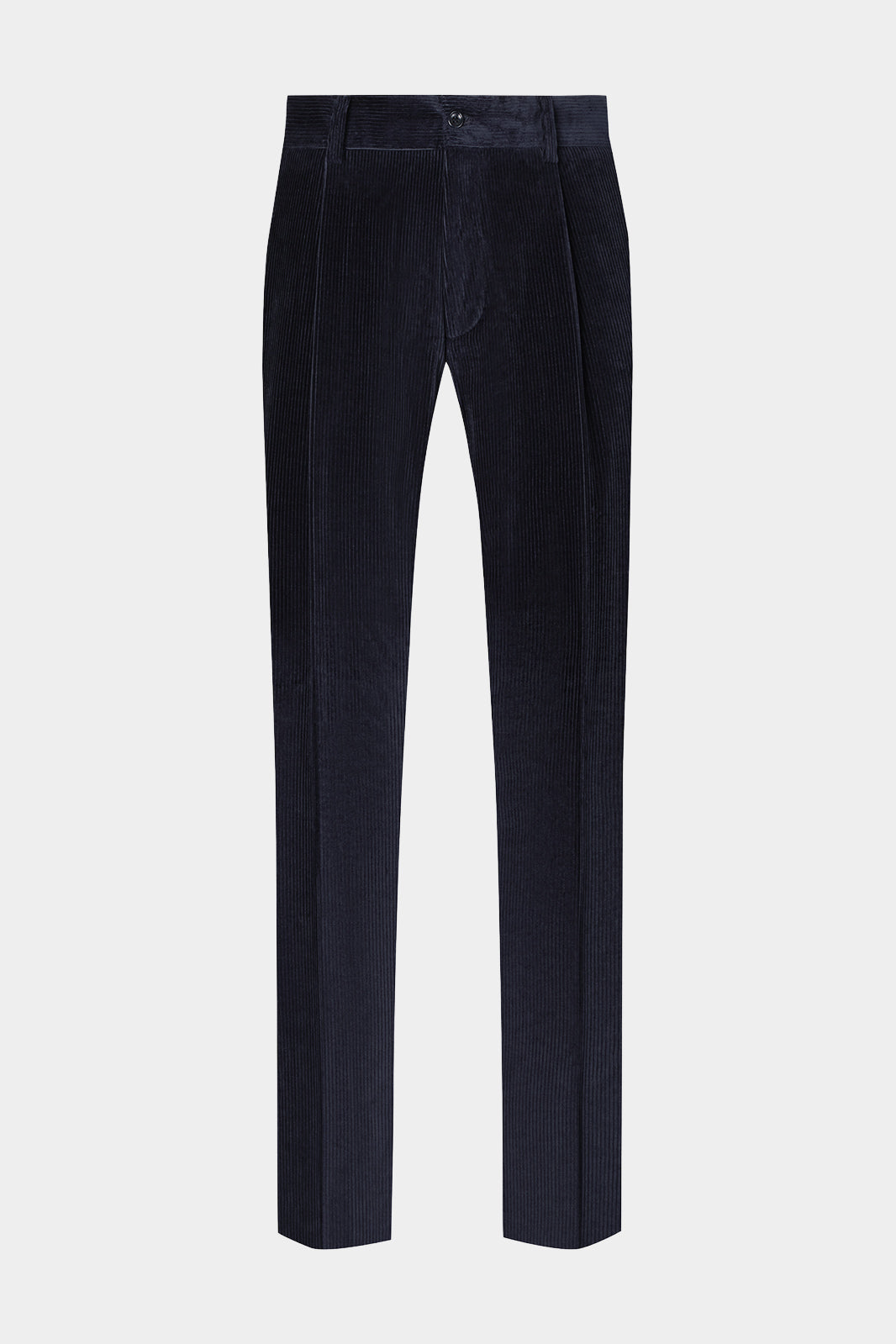 Vue sur fond blanc d'un pantalon large velours côtelé large marine. En 98% Coton et 2% élasthanne, sur un tissu de chez Pontoglio.