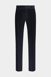 Vue sur fond blanc d'un pantalon large velours côtelé large marine. En 98% Coton et 2% élasthanne, sur un tissu de chez Pontoglio.