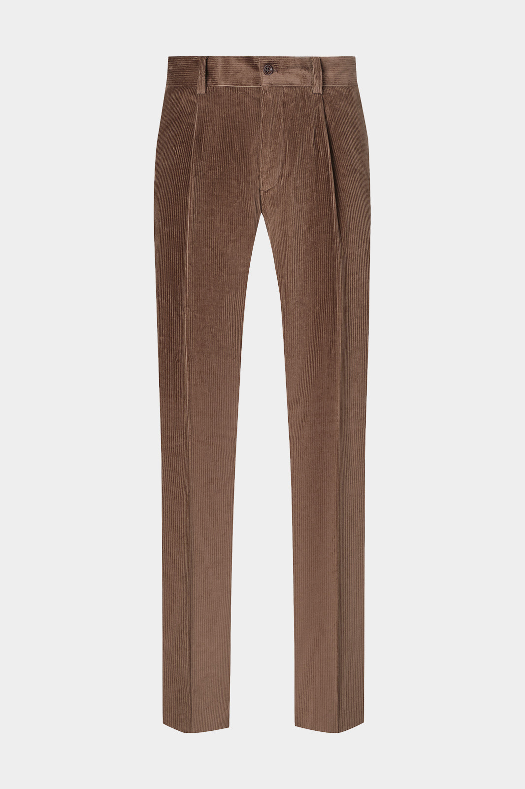 Vue sur fond blanc d'un pantalon large velours côtelé large marron. En 98% Coton et 2% élasthanne, sur un tissu de chez Pontoglio.
