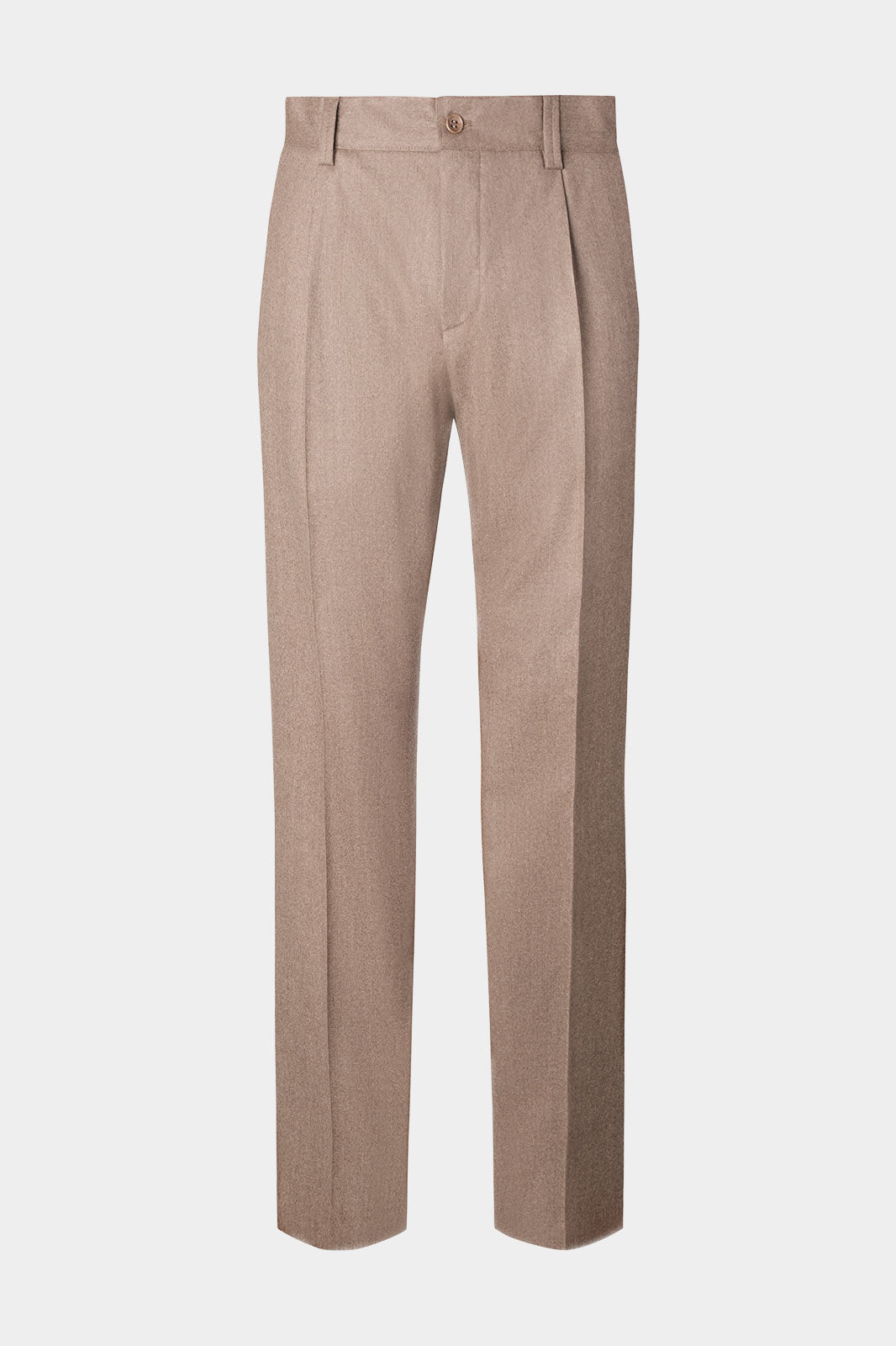 Vue sur fond blanc d'un pantalon large en flanelle beige avec un pli sur le devant.
