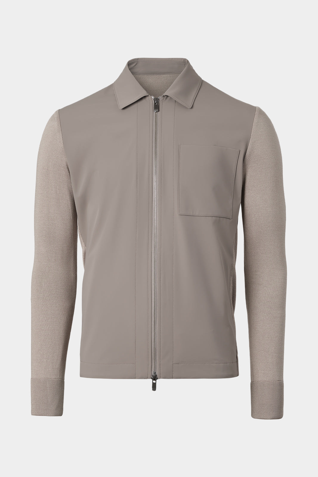 Vue sur fond blanc d'un blouson zippé bi matière en noisette 