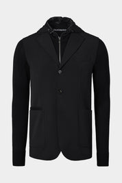 Veste bi-matière à capuche amovible de couleur noire. Tissu italien.