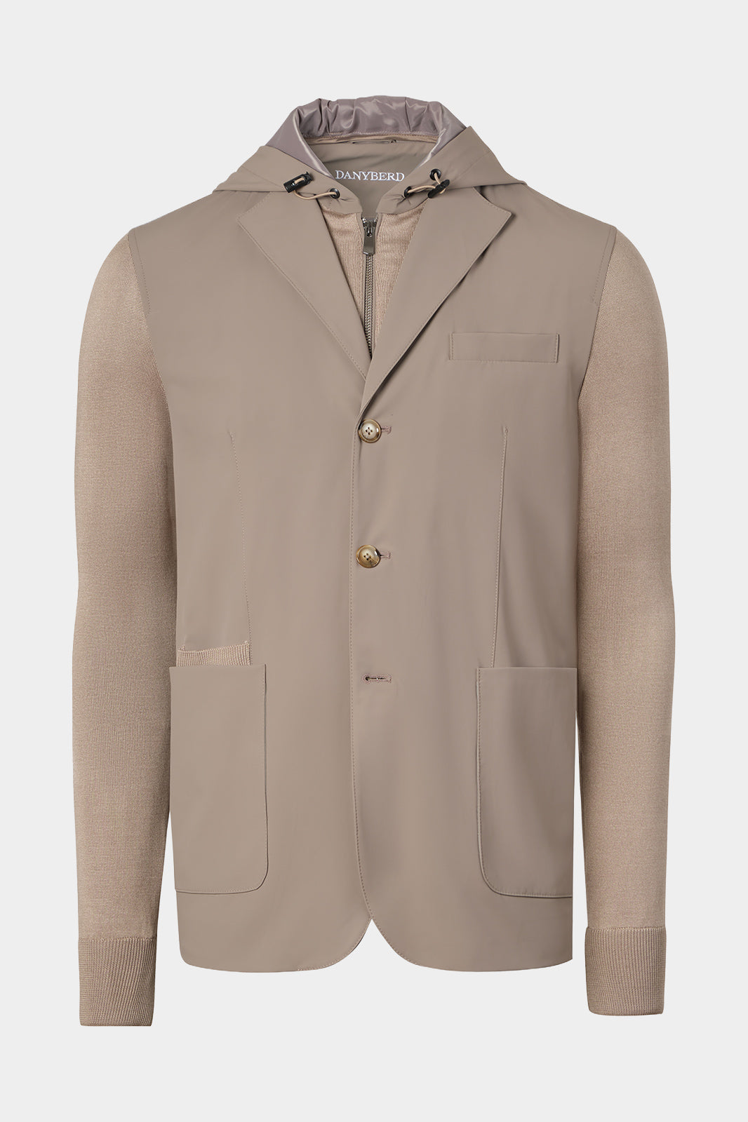 Veste bi-matière à capuche amovible de couleur noisette. Tissu italien.