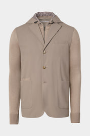 Veste bi-matière à capuche amovible de couleur noisette. Tissu italien.