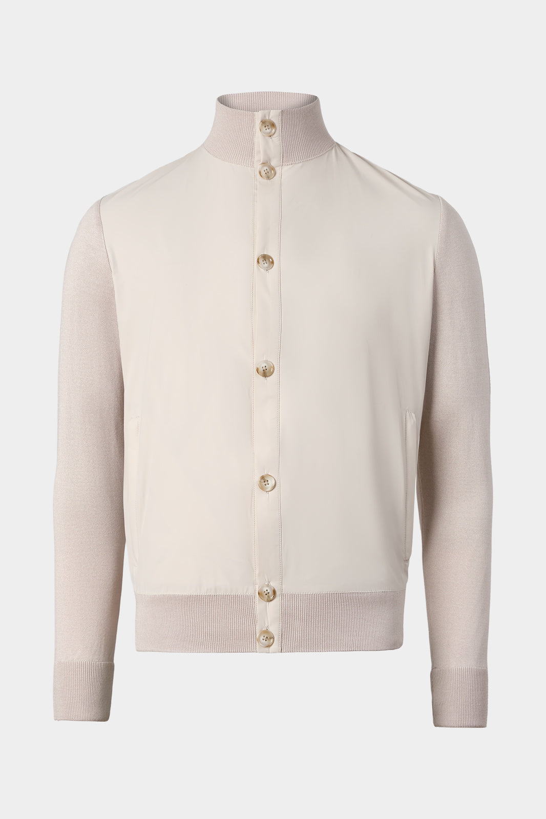 Vue sur fond blanc d'un blouson bi matière col montant boutonné en beige pour la mi-saison